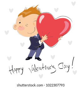 A gallant boy hugs a big red heart. Happy Valentine's Day. Vector illustration