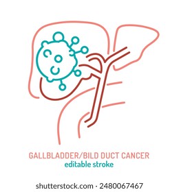 Icono de cáncer de vesícula biliar, conducto biliar. Señal médica. Enfermedad del sistema digestivo. Gastroenterología, cirugía general, concepto oncológico. Ilustración vectorial editable aislada sobre fondo blanco