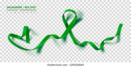 Gallbladder and Bile Duct Cancer Awareness Month. Realistic Kelly Green ribbon symbol. Medical Design. Vector Illustration.