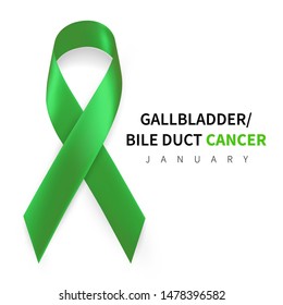 Gallbladder and Bile Duct Cancer Awareness Month. Realistic Kelly Green ribbon symbol. Medical Design. Vector illustration.