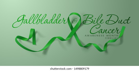 Gallbladder and Bile Duct Cancer Awareness Calligraphy Poster Design. Realistic Kelly Green Ribbon. February is Gallbladder and Bile Duct Cancer Awareness Month. Vector. Illustration