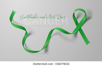 Gallbladder and Bile Duct Cancer Awareness Calligraphy Poster Design. Realistic Kelly Green Ribbon. February is Gallbladder and Bile Duct Cancer Awareness Month. Vector. Illustration