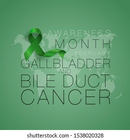 Gallbladder and Bile Duct Cancer Awareness Calligraphy Poster Design. Realistic Kelly Green Ribbon. February is Gallbladder and Bile Duct Cancer Awareness Month. Vector. Illustration