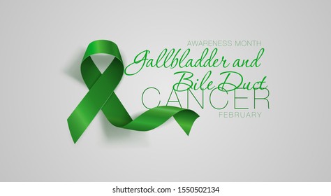 Gallbladder and Bile Duct Cancer Awareness Calligraphy Poster Design. Realistic Kelly Green Ribbon. February is Gallbladder and Bile Duct Cancer Awareness Month. Vector. Illustration