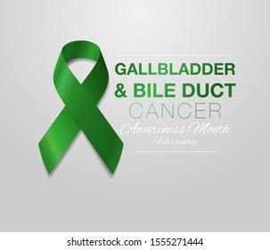 Gallbladder and Bile Duct Cancer Awareness Calligraphy Poster Design. Realistic Kelly Green Ribbon. February is Gallbladder and Bile Duct Cancer Awareness Month. Vector. Illustration