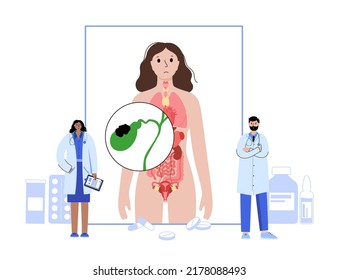 Gallbladder cancer concept. Inflammation in the digestive system and abdomen pain. Tumor cells in the human body. Internal organ examination in clinic or hospital. Medical flat vector illustration