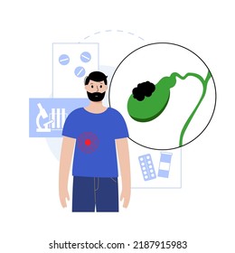 Gallbladder Cancer Concept. Inflammation In The Digestive System And Abdomen Pain. Tumor Cells In The Human Body. Internal Organ Examination In Clinic Or Hospital. Medical Flat Vector Illustration