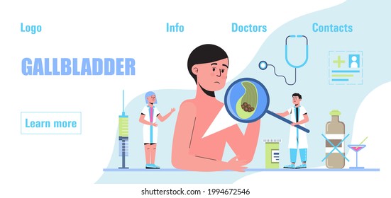 Vector de concepto de la vesícula biliar. Los doctores tratan las piedras de gallo. Discinesia biliar. Salud, plantilla médica para sitio web médico, banner.