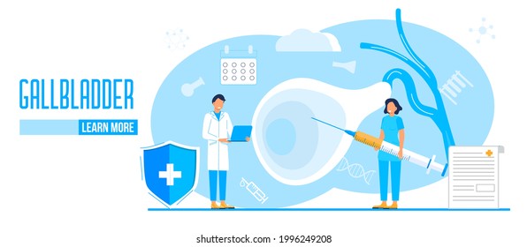 Gallbladder concept vector. Doctors treat gallstones. Biliary dyskinesia ptoblems. Healthcare, medical template for medical website, banner. Medical supplies and pills are shown.