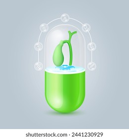 Gallbladder green floating on cross symbols medical in transparent capsule pill. Doctor, syringe, shield, and stethoscope icons are the periphery. Medical organ protection and health care. Vector.