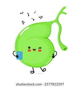 Gallbladder listens to music on headphones with a smartphone. Vector hand drawn cartoon kawaii character illustration icon. Isolated on white background. Gallbladder character concept