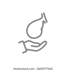 Gallbladder on hand line icon. Rescue, treatment, disease prevention symbol. Vector illustration