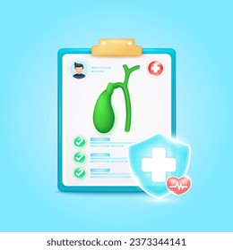 Gallbladder organ check up list for health doctor. Symbol cross in shield, red heart pulse line with check mark green button. Medical document form board. Health care concept. 3d icon cartoon vector.