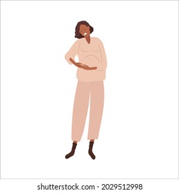 Gallbladder pain during pregnancy. Pregnant woman feels pain her right side, Bile colic. African American Woman holding right side. Flat vector illustration Pregnancy symptoms concept