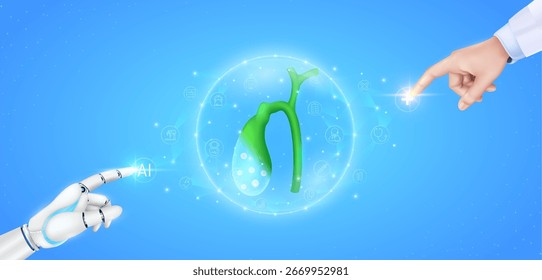 Polígono de modelo de forma realista da vesícula biliar em cúpula translúcida com ícones de rede médica. Ciborgue colaboração humana. Doutor dedo robô tocando mais sinal AI. Tecnologia de cuidados de saúde digital.