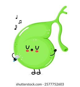 Gallbladder sings into a microphone character. Vector hand drawn cartoon kawaii character illustration icon. Isolated on white background. Gallbladder character concept