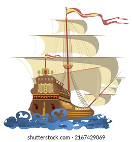 Galleon. Big ship is sailing on the waves. Colorful vector illustration isolated on white background. 