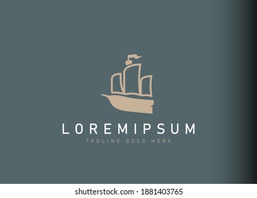 Galleon Logo Design. Vector Illustration Of Minimalist Old Ship Icon Design. Modern Logo Design With Flat Line Style.