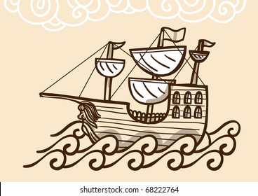 Galleon sails to cross-current in sepia illustration