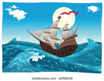 Galleon in the sea. Cartoon and vector illustration, isolated objects