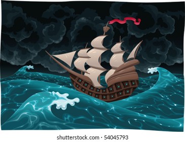 Galleon in the sea with storm. Cartoon and vector illustration, isolated objects