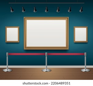 Galleru exhibition realistic mockup with empty picture frame and lightning equipment vector illustration