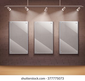 Gallery of 3 transparent glass frames on wall like background template for web design vector illustration