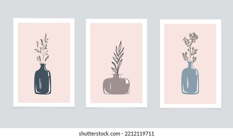 Gallery of abstract wall art, a set of 3 branches in a vase in vintage style, design with hand-drawn lines in fashionable color. Contemporary vector art, poster, collage, social networks, stories. 