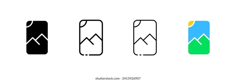 Gallery button icons. Different styles, icon with landscape in the sun and mountains, gallery buttons. Vector icons