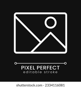 Gallery button pixel perfect white linear icon for dark theme. Add picture to website. Online business. Thin line illustration. Isolated symbol for night mode. Editable stroke. Poppins font used