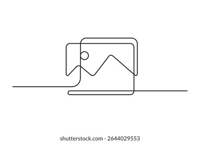 Gallery camera icon in continuous line drawing style. Minimalist photo camera in black linear sketch isolated on white background. Vector illustration