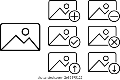 Iconos de edición de Galería establecidos en estilos de línea negra. Imagen de fotos añadir, eliminar, aprobar, rechazar, Cargar y Descarga ilustración de Vectores. Símbolos de edición de imágenes Diseños gráficos para la interfaz multimedia.