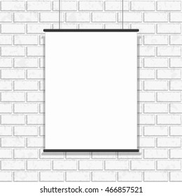 Gallery exhibition interior. Blank white poster on white painted brick wall seamless pattern vector background. Modern photo frame and text to your design projects.