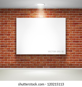 Gallery exhibition interior. Picture frames on brick wall. Vector illustration.