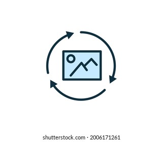Icono plano de la galería. Señales de línea delgada para el logotipo de diseño, tarjeta de visita, etc. Símbolo de esquema único de alta calidad para diseño web o aplicación móvil. Pictograma del contorno de la firma.