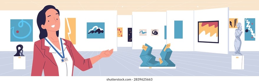 Gallery guide. Art museum exhibit woman curator, famous painting sculptures excursion tourist visitor classic culture indoor modern exhibition room interior vector illustration
