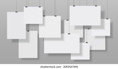 Gallery with hanging vertical posters and photos display template. A4 paper pages on clips. Picture presentation, exhibition vector scene. Illustration of empty gallery poster