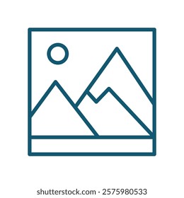 Gallery icon. Mountain landscape with the sun. Simple line art icon of a landscape image. Vector illustration