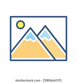 Gallery icon. Mountain landscape with the sun. Simple line art icon of a landscape image. Vector illustration