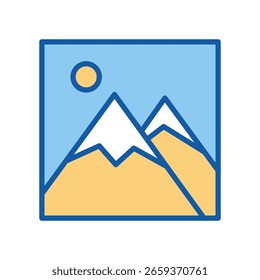 Galeriesymbol. Berglandschaft mit der Sonne. Einfaches Linienkunstsymbol eines Landschaftsbildes. Vektorgrafik