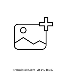 gallery icon with plus sign, add image icon, simple flat style, illustration, logo sign symbol pictogram template, for ui or ux isolated on white for mobile app, editable