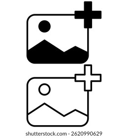 ícone de galeria com sinal de mais, ícone de imagem adicionar, estilo simples plana, ilustração, modelo pictograma símbolo de símbolo de logotipo, para ui ou ux isolado em branco para aplicativo móvel, editável