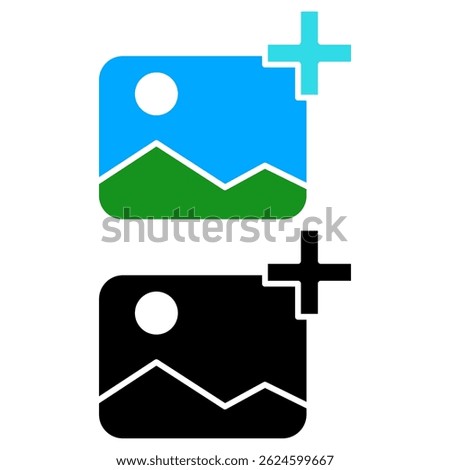 gallery icon with plus sign, add image icon, simple flat style, illustration, logo sign symbol pictogram template, for ui or ux isolated on white for mobile app, editable