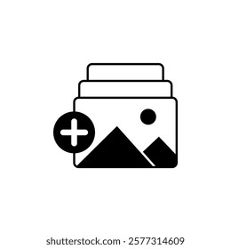 gallery icon with plus sign, simple flat style, pictogram logo symbol vector illustration, isolated on white for mobile app