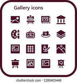  gallery icon set. 16 filled gallery icons. Simple modern icons about  - Picture, Artboard, Image, Museum, Paint palette, Frame, Albums, Grid, Canvas