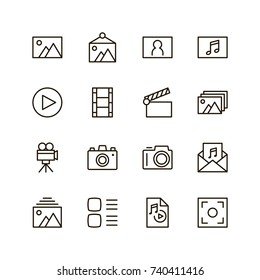 Gallery icon set. Collection of high quality outline menu pictograms in modern flat style. Black information symbol for web design and mobile app on white background. Multimedia line logo.