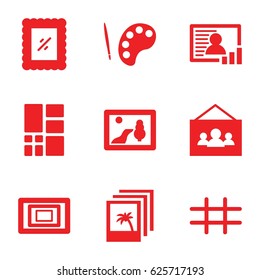 Gallery icons set. set of 9 gallery filled icons such as photo, grid, palette