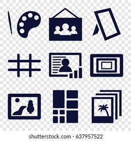 Gallery icons set. set of 9 gallery filled icons such as photo, grid, palette