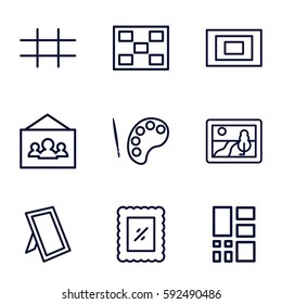 gallery icons set. Set of 9 gallery outline icons such as photo, grid, picture