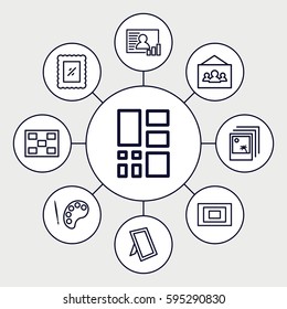 gallery icons set. Set of 9 gallery outline icons such as photo, grid